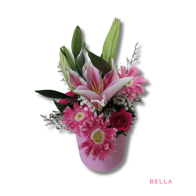 Bella: Pink stargazer lilies, gerberas, and roses beautifully arranged in a soft pink hatbox, accented with delicate greenery.