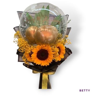 Betty: Bright sunflower and bubble balloon bouquet, bringing sunshine, happiness, and cheerful charm to every special celebration.