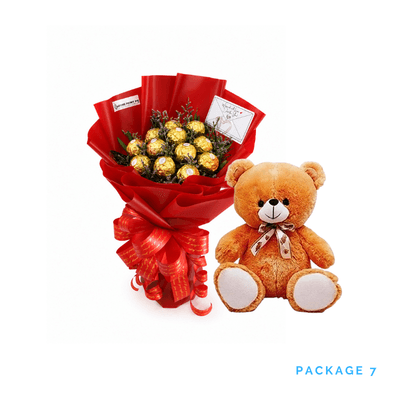 Bundle #7: Ferrero Chocolate Bouquet with Teddy Bear and Fresh Fruits