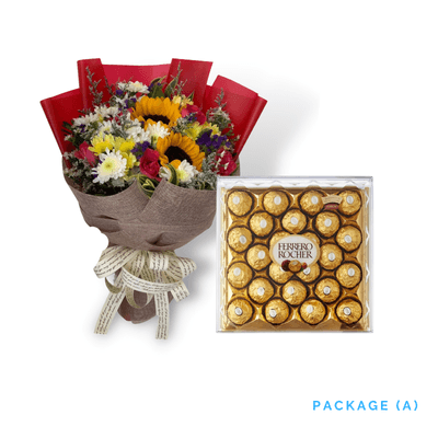 Bundle Letter A: Grand Celebration Bundle with Sunflowers, Roses, Mums, Chocolates, and Cake
