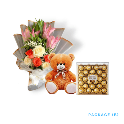 Bundle Letter B: Romantic Rose and Lily Bouquet with Teddy Bear and Ferrero Chocolates