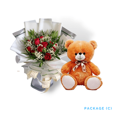 Bundle Letter C: Lovely Rose Bouquet with Teddy Bear and Fresh Fruits for Sweet Gifting