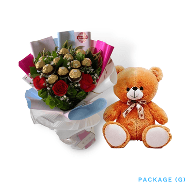 Bundle Letter G: Romantic Gift Set with Ferrero Chocolates, Roses, and Teddy Bear