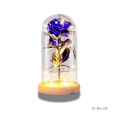 D-BLUE: Forever Glass Dome featuring a dazzling blue rose with golden accents and soft LED lights, symbolizing hope and everlasting love.