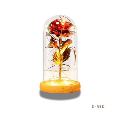 D-RED: Handcrafted red rose in a glass dome with golden accents and warm LED lights, symbolizing eternal love.