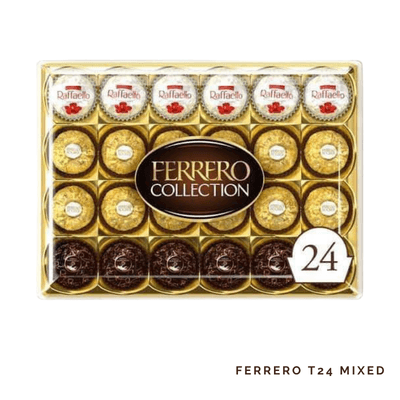 Ferrero T24 Mixed: Elegant Ferrero chocolate box featuring whole hazelnuts, creamy filling, crisp wafer, and finely chopped hazelnuts.