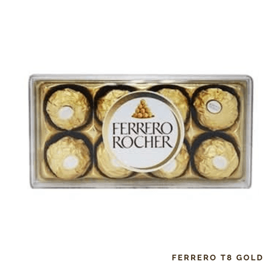 Rectangular Ferrero Rocher T8 box with eight gold-wrapped chocolates