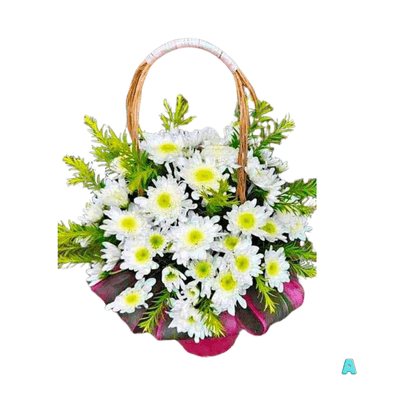 Flower Basket A: Lush white mums in a woven basket, creating a simple, heartfelt tribute perfect for headstones and remembrance.