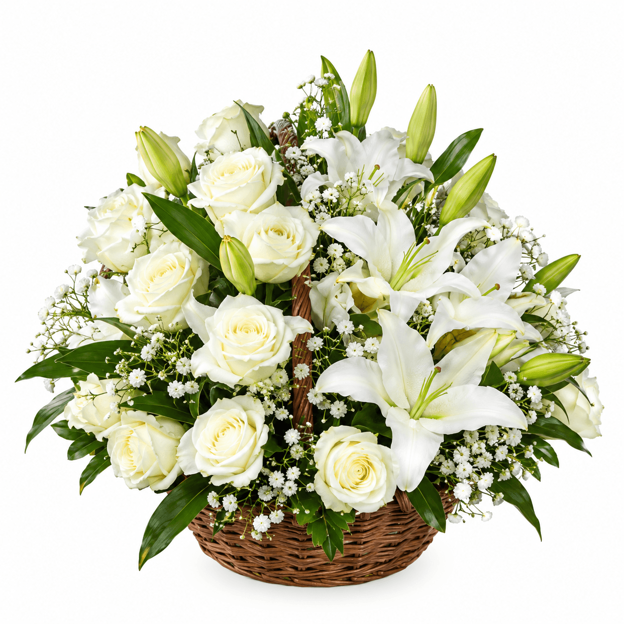 Flower Basket B: Twenty-four white roses and three Casablanca lilies, beautifully arranged with delicate fillers, symbolizing love, peace, and remembrance.