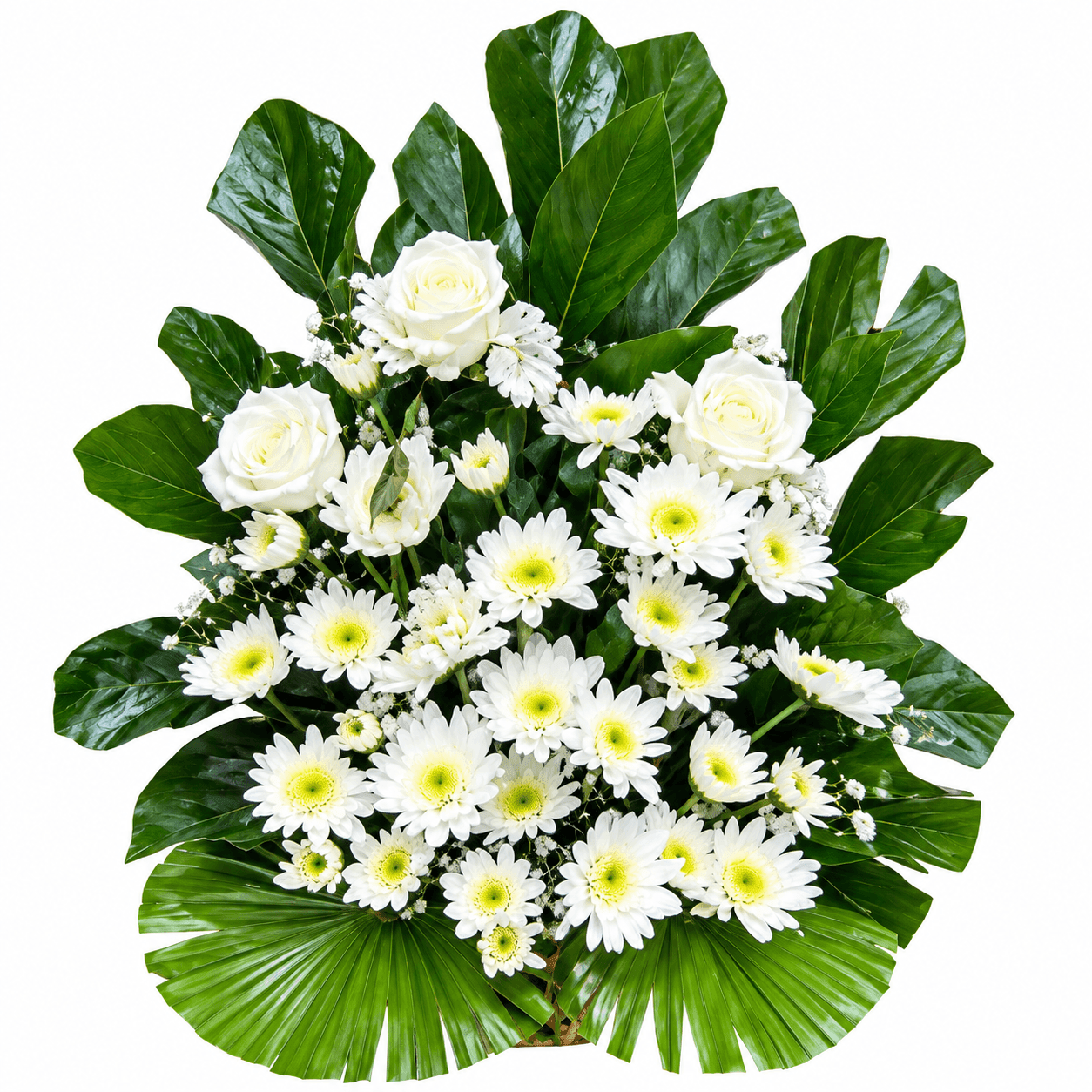 Flower Basket D: Three white roses surrounded by chrysanthemums and lush greenery, creating a serene basket tribute for solemn occasions.