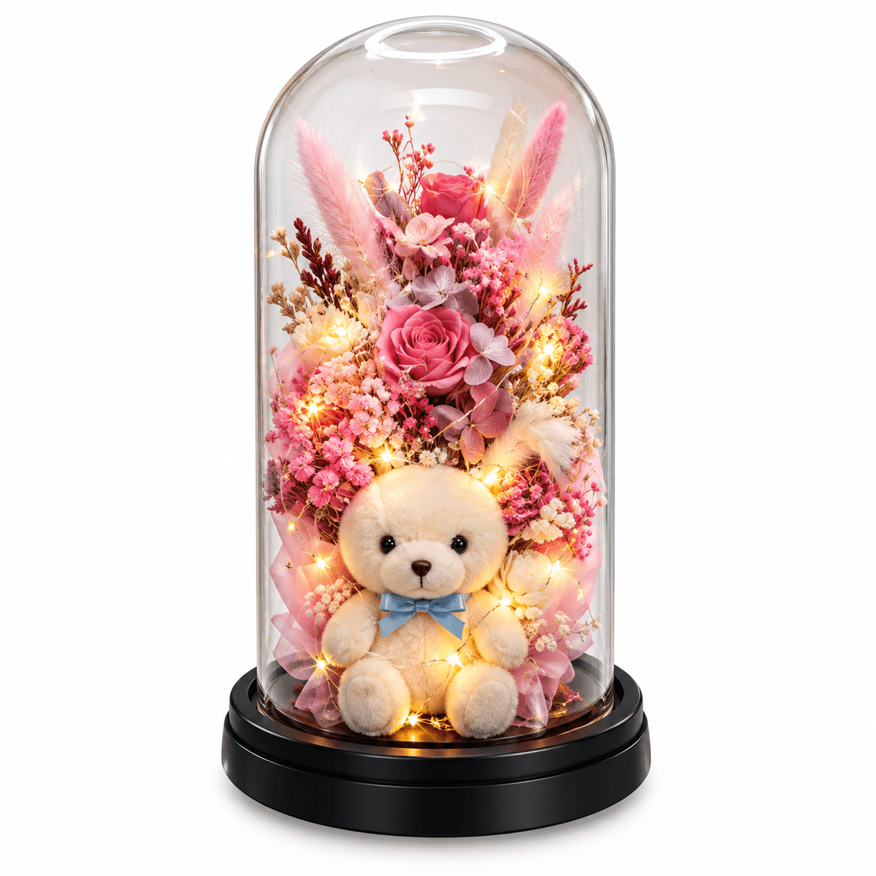 Francesca: A charming glass dome featuring three preserved flowers and a teddy bear, symbolizing everlasting love and cherished memories.