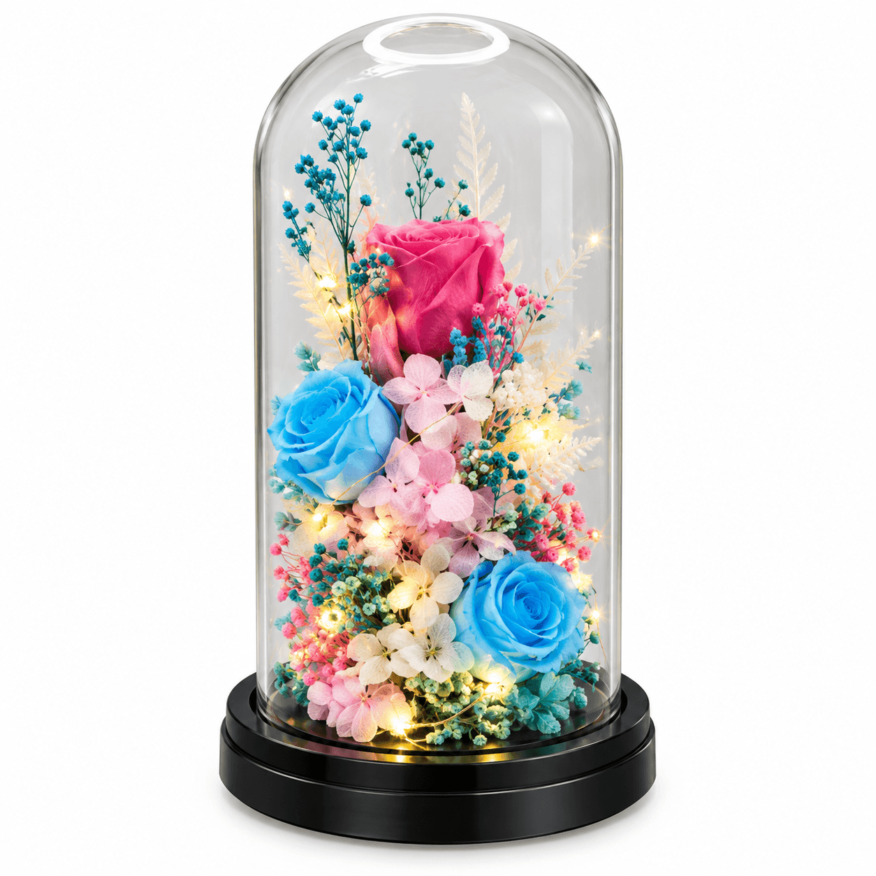 Frankie: Three preserved roses elegantly displayed in a glass dome, creating a timeless keepsake of beauty, love, and cherished memories.