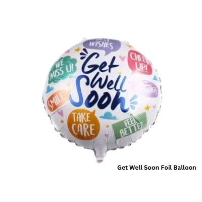 Get Well Soon: Cheerful 18-inch “GET WELL SOON” foil balloon, adding warmth, care, and encouragement to thoughtful gift packages.