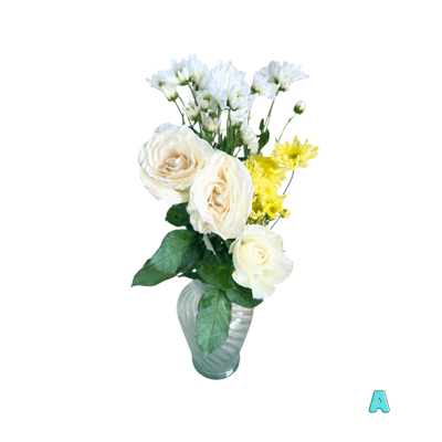 Glass Vase A: Three white roses, two white mums, and sunny yellow mums beautifully arranged in glass, symbolizing remembrance, peace, and hope.