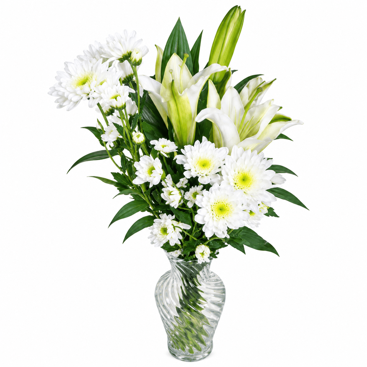 Glass Vase B: Three white roses and three white mums beautifully arranged in a ribbed glass vase, symbolizing peace, remembrance, and grace.