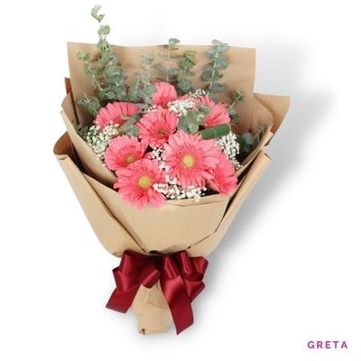 Greta: Six fresh pink gerberas beautifully wrapped in white, symbolizing purity, sincerity, grace, and heartfelt celebration.