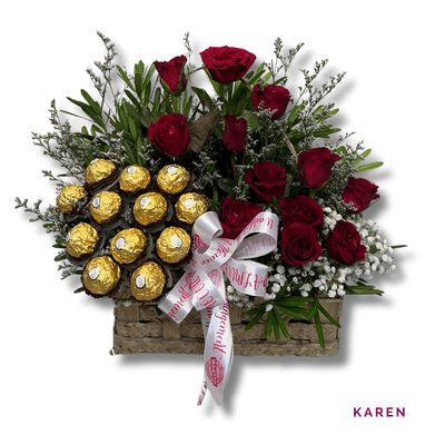 Karen: Elegant basket of 12 roses and 12 Ferrero Rocher chocolates, perfect for expressing love.