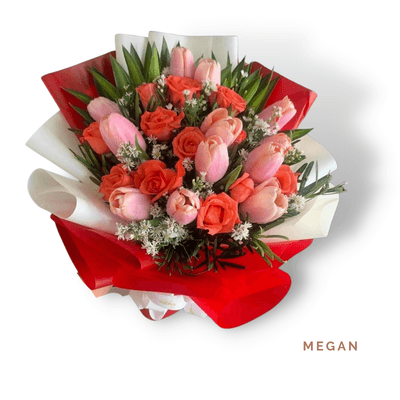 Megan arrangement on a plain background: A premium bouquet of vibrant tulips and elegant roses, perfect for expressing love, appreciation, congratulations, and heartfelt joy.