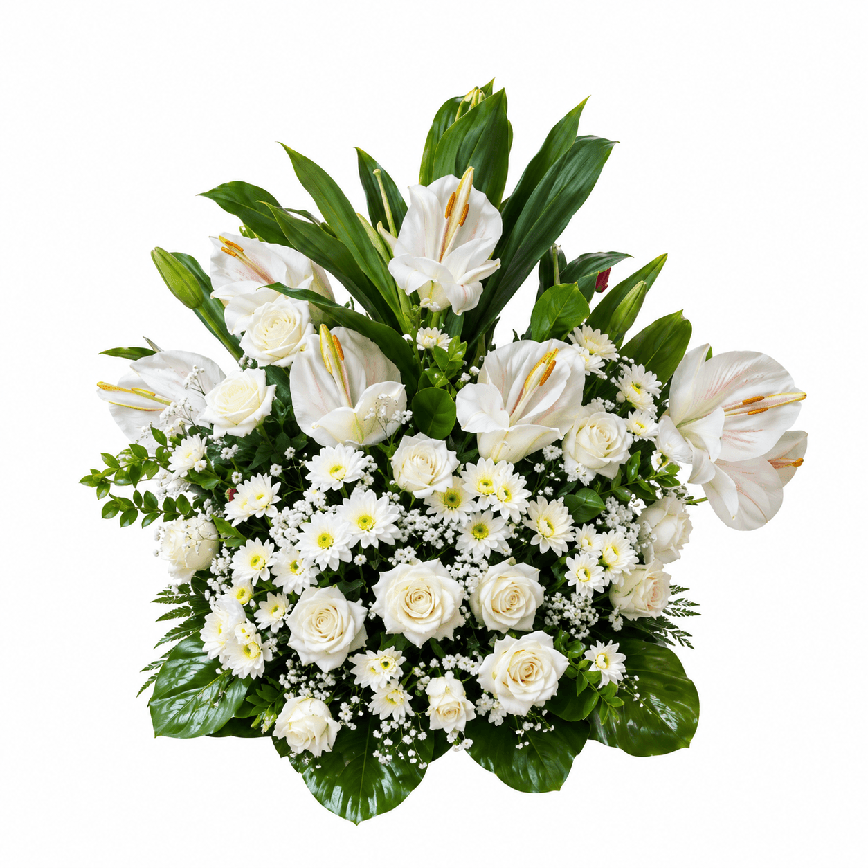 Rectangle Pot B: Six white anthuriums, twenty-four roses, and chrysanthemums beautifully arranged with tropical greens, symbolizing grace, purity, comfort.