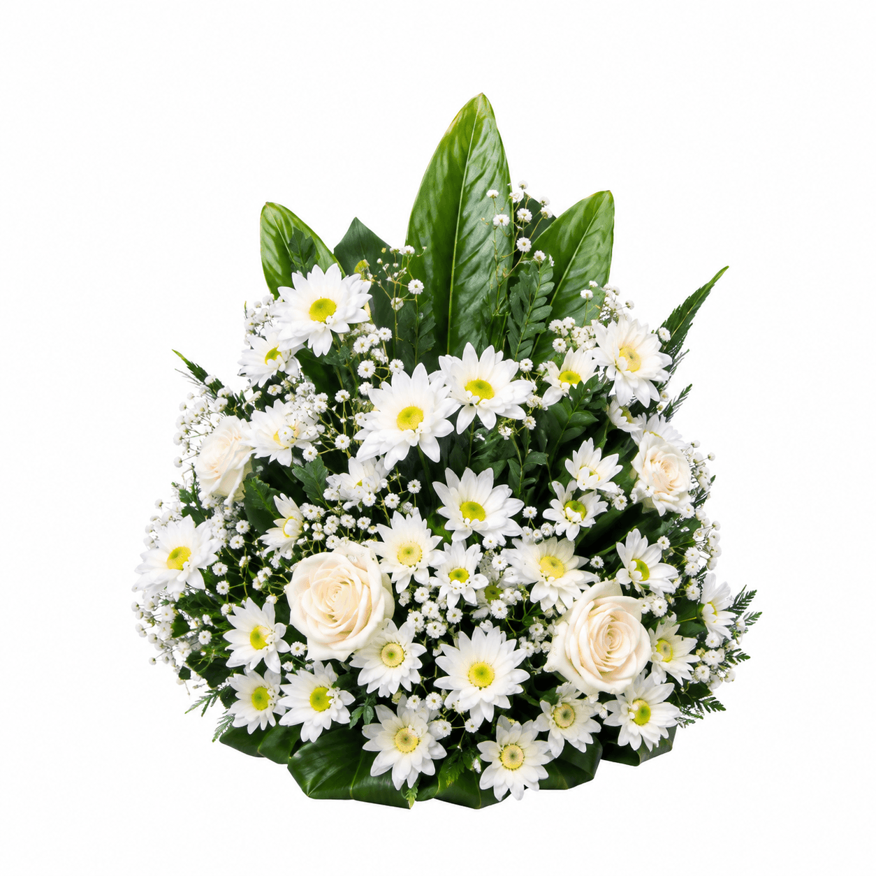 Rectangle Pot C: Two white roses nestled among chrysanthemums, baby’s breath, and tropical greens, expressing remembrance, affection, and serenity.