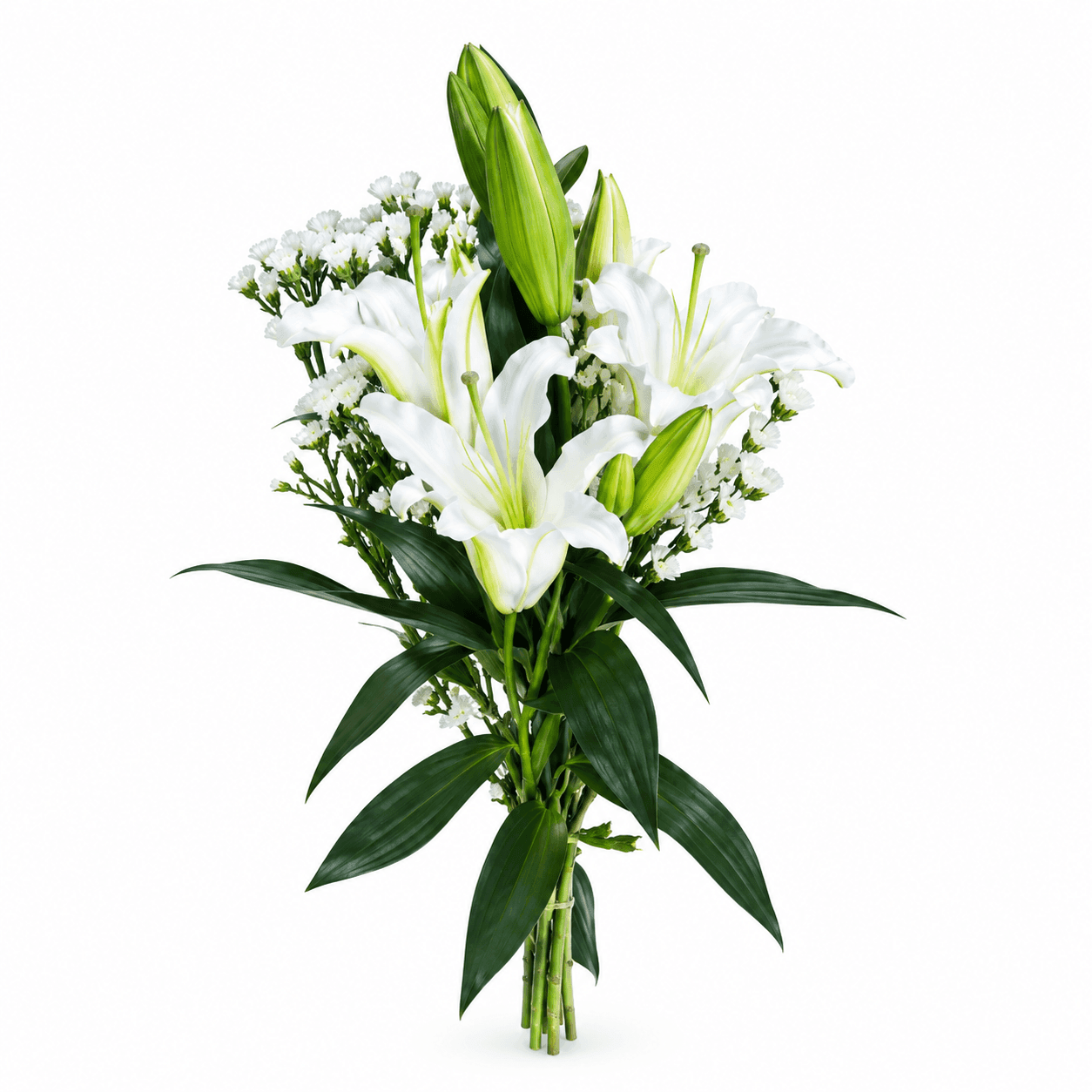 Stem B: A graceful Casablanca lily paired with two delicate white mums, beautifully arranged and wrapped in a clear plastic pouch.