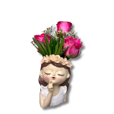 Vale: Three striking fuchsia blooms arranged in an artistic ceramic vase, creating a modern and elegant centerpiece.